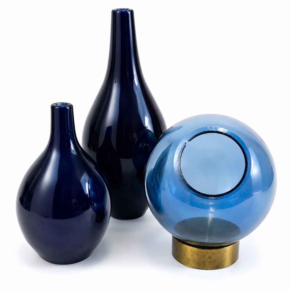 Cobalt Blue Sculptural Vase Set of 3 Orb Brass Base Modern Decor